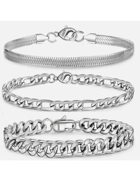 APSVO 3 Pcs Sterling Silver Bracelets Curb Herringbone Figaro Men or Women 8.3in